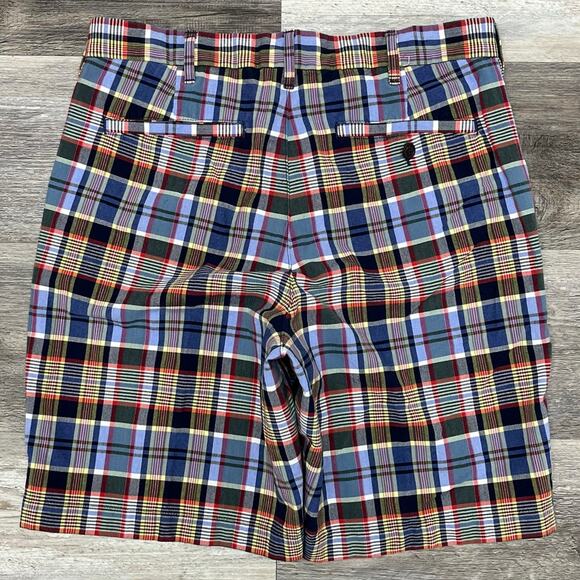 Lands End Shorts Blue Yellow Mens 32 Traditional‎ Fit Madras Plaid Flat Front - Picture 2 of 10
